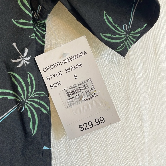 NWT original deluxe men/sz S button up pocket/blk/grn/turq/tan palm tree print - Picture 7 of 8